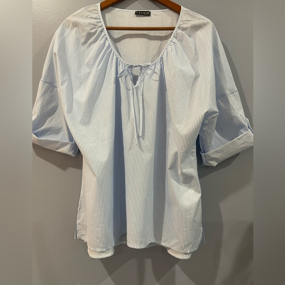 Venus Blue & White Striped String Tie Front Short Sleeve Blouse Plus Size XXL